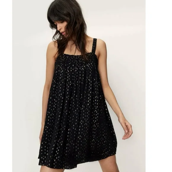 NWT | Nasty Gal | Black & Gold Spot Strappy Smock Mini Dress | Size XS - Picture 4 of 10